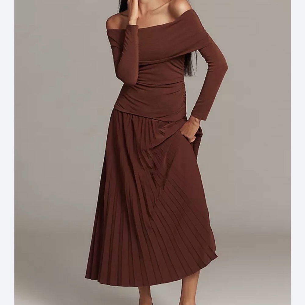 Anthropologie Off-Shoulder Long Sleeve Pleated Maxi Dress in Brown